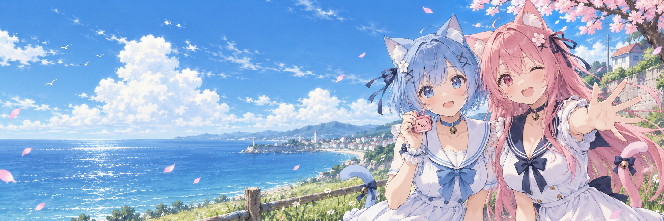 海边的蓝发和粉发猫娘，欢迎回到二次元